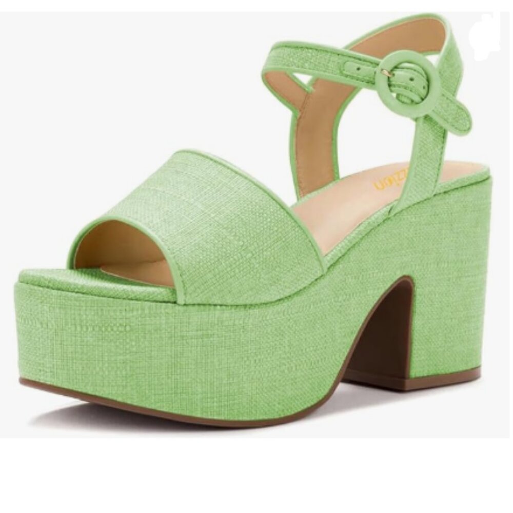 Pazzion Green Chunky High Heel Platform Sandals Open Toe Ankle Strap Buckle Shoe